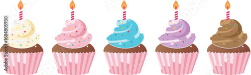 happy birthday cupcake set  minimal illustration or clipart isolated on a transparent background
