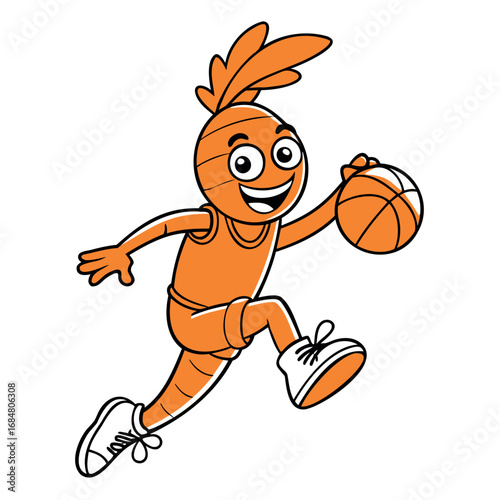 Playful carrot character dribbling a basketball energetically in a sports pose vector illustration for healthy lifestyle promotions and athletic concepts silhouette