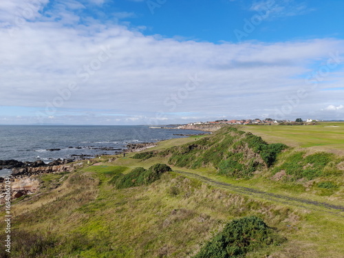Looking down towards the interesting, difficult par 3 Rockies hole at Anstruther golf course (voted hardest par 3 in Britain). Amazing views, terrain and sights. The costal path and the coastline.