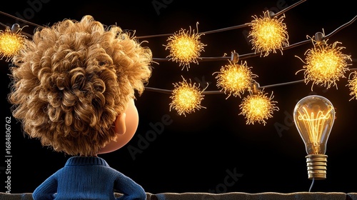 Boy Gazing at Glowing Lightbulb and String Lights at Night