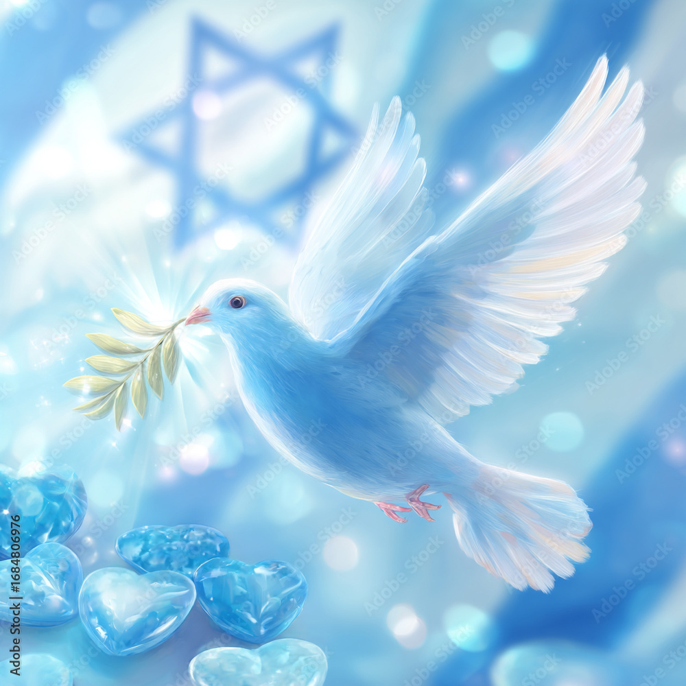 Fototapeta premium Dove carrying olive branch amidst blue hearts and Star of David, symbolizing peace and hope in a serene setting