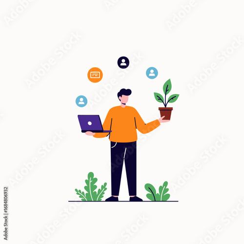 This illustration captures a professional adeptly balancing diverse tasks and responsibilities, embodying the flexible and productive nature of modern hybrid work environments.