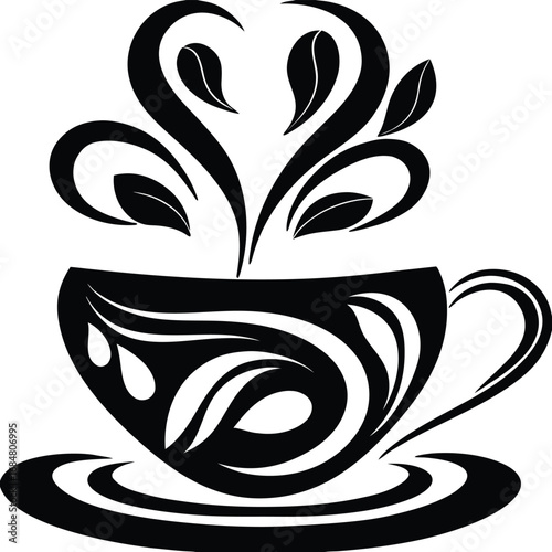 Stylized hot beverage cup with decorative steam swirls and leaves coffee tea abstract art vector