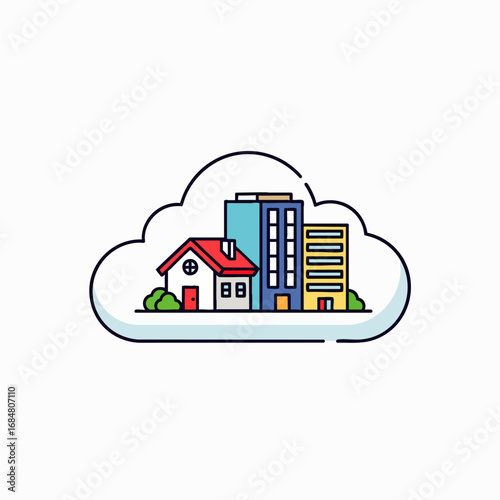 This crisp illustration visually defines the modern hybrid work model, seamlessly integrating home and office structures within a cloud for flexible remote productivity.