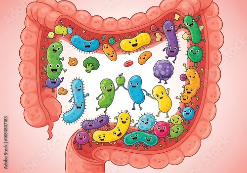 Colorful Illustration of Gut Bacteria and Food.