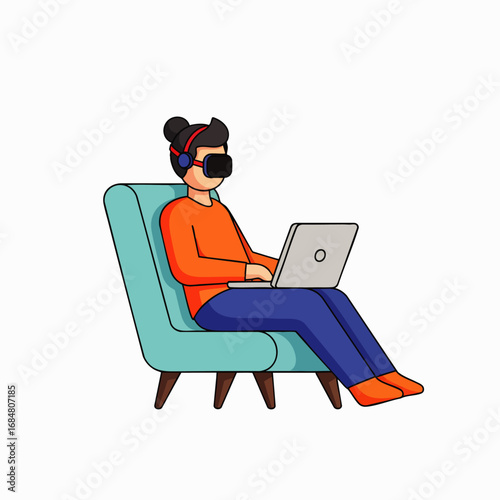 A person works remotely, using a laptop and VR headset, showcasing a modern, flexible, and technologically integrated home office setup for productivity.