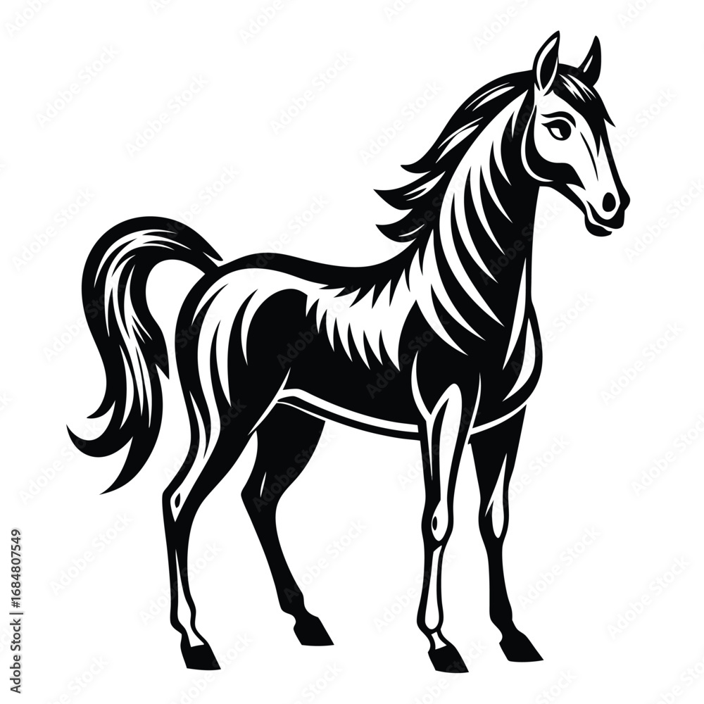 Fototapeta premium Elegant Black and White Horse Illustration Capturing Power Grace and Beauty, Perfect for Logos or Decorative Art