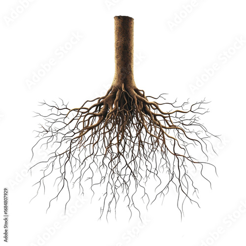Detailed illustration showcases a tree trunk transitioning into an intricate root system against a stark highlighting nature's complexity on transparent background