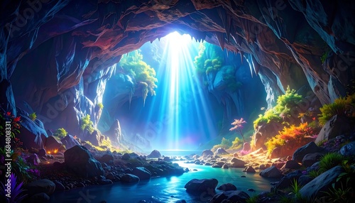 Enchanted Cave Landscape with Glowing Light.