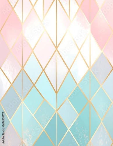 Wallpaper Mural Geometric pattern of soft pastel pinks, light blues, and creams, with gold lines forming diamond shapes Torontodigital.ca