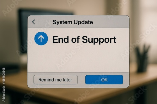 System update notification window with end of support message and option buttons remind me later and ok.