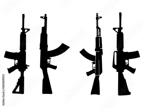 Four distinct automatic rifle silhouettes presented as a graphic design element isolated on white background silhouette