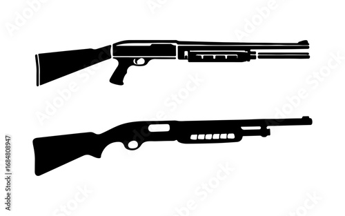 Two distinct black silhouettes of pump action shotguns displayed side by side on a clean white background isolated on white background