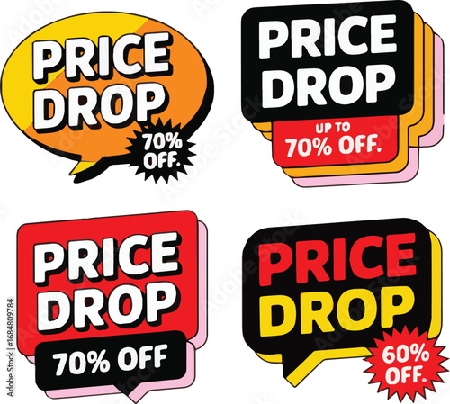 Four price drop sale tags with text and percentages off in red yellow and black discount offer