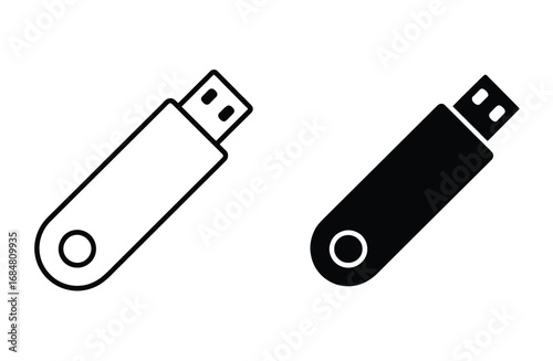 WebSleek USB flash drive icons in clean outline and solid black styles, representing digital data storage and transfer solutions for modern technology needs.