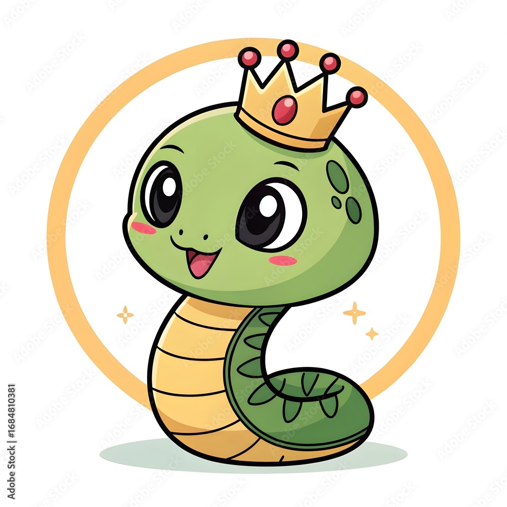 Naklejka premium Adorable Chibi Baby Vine Snakelet Wearing a Playful Gummy Worm Crown, Kawaii Cartoon Illustration Overflowing With Sweet Pastel Magic, Whimsical Charm, Joyful Spirit, and Delight