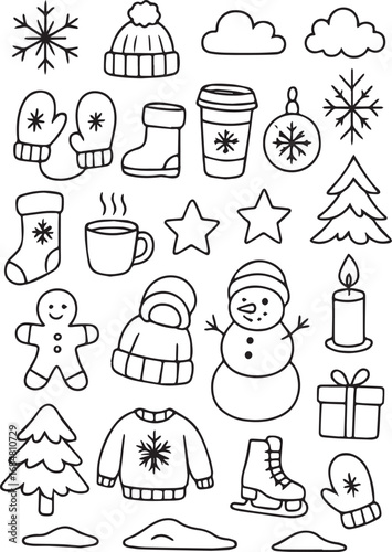 Hand-drawn black and white winter doodles with holiday objects: snowman, mittens, hat, boots, gift, candle, Christmas tree, cocoa cup, gingerbread cookie. Ideal for coloring, festive decor, seasonal g