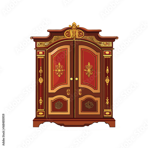 Antique wooden cabinet, Antique Wardrobe Cartoon Illustration with Doors and Drawers  Vector icon.