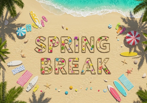 Spring break beach scene with palm trees and tropical decorations