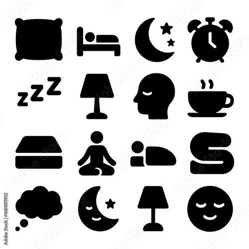 Sweet Slumber Icons: A collection of stylized icons, offering a visual narrative of sleep, encompassing elements of rest and relaxation. 