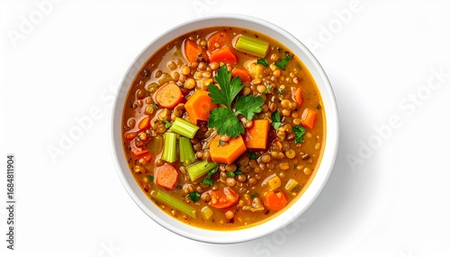 Delicious Lentil Soup with Carrots and Celery, White Bowl.