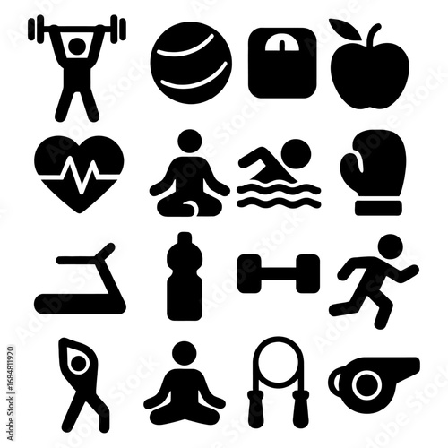 Health and Fitness Icon Set: A minimalist array of health and fitness icons, graphically representing a diverse range of wellness activities. This visual collection includes symbols for exercises.