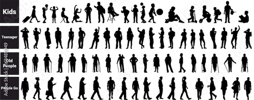 silhouettes of architecture drawing people. Architectural drawing kids, teenagers, grandparents or old people and people go set in row section elevation view. characters in architectural.