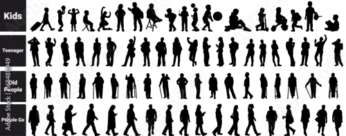 Tapety silhouettes of architecture drawing people. Architectural drawing kids, teenagers, grandparents or old people and people go set in row section elevation view. characters in architectural.