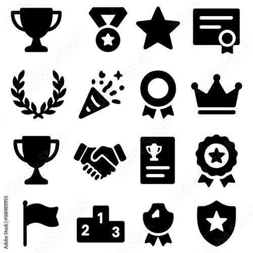 Achievement Icon Set: A comprehensive collection of essential icons and elements, meticulously designed to represent success, awards, and recognition.