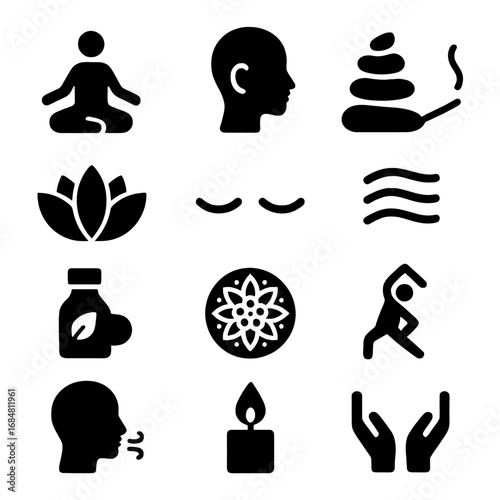 Serenity and Wellness Icons: A curated collection of minimalistic icons epitomizing tranquility, meditation, and spiritual rejuvenation, perfect for any wellness-themed project. 