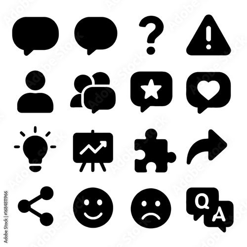 Iconic Communication: A comprehensive collection of clean, bold black icons representing diverse modes of communication and interaction, suitable for a modern digital interface.