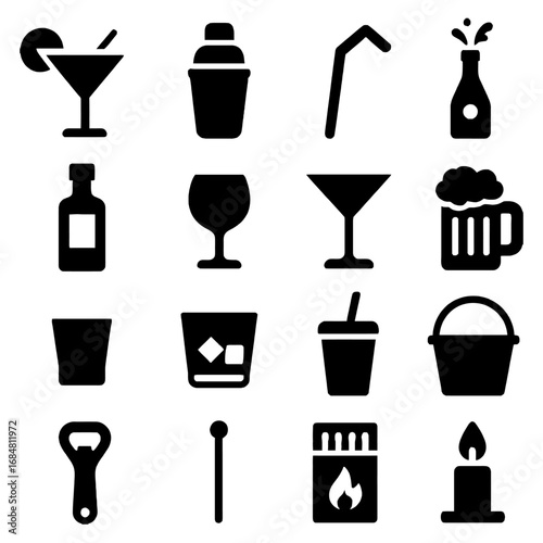 Drink Icon Set: A collection of simple, classic icons of various popular drinks, offering a versatile resource for graphic design and digital content creation.