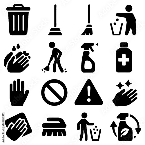 Cleaning and Hygiene Icon Set: A collection of clean, crisp, vector icons represents cleaning and hygiene, perfect for visual communication. They illustrate various essential sanitation practices.