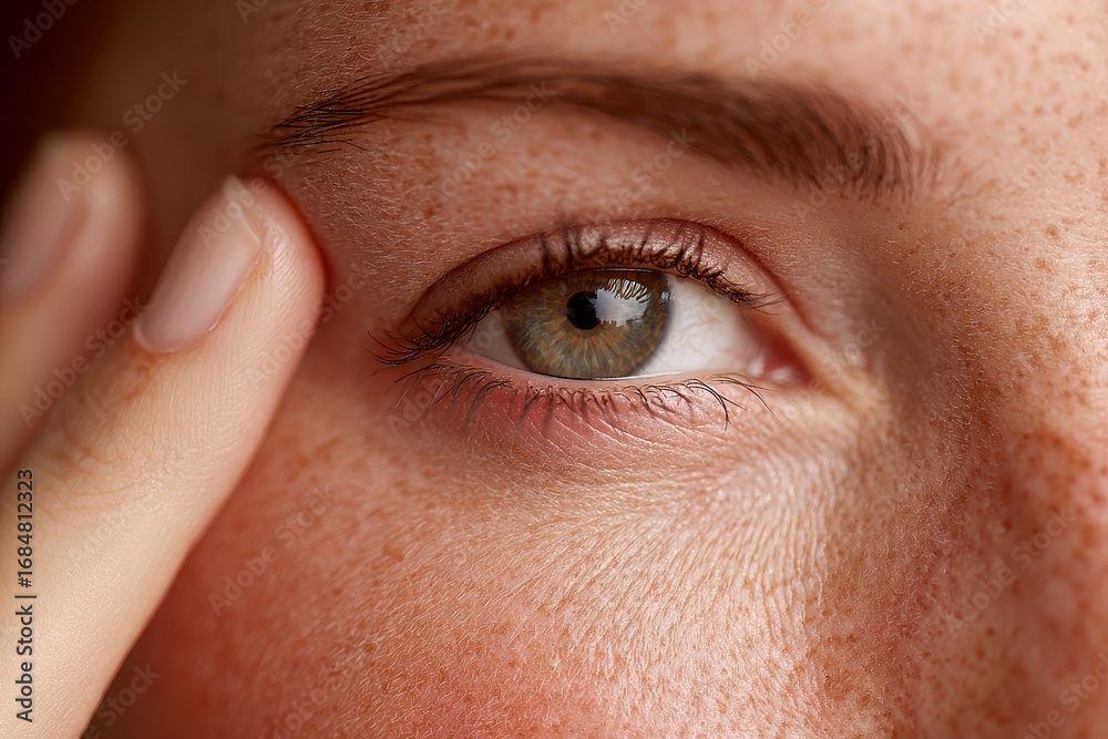 Obraz premium Close-up view of a woman gently touching the skin around her eye in a warm, soothing setting during daylight hours