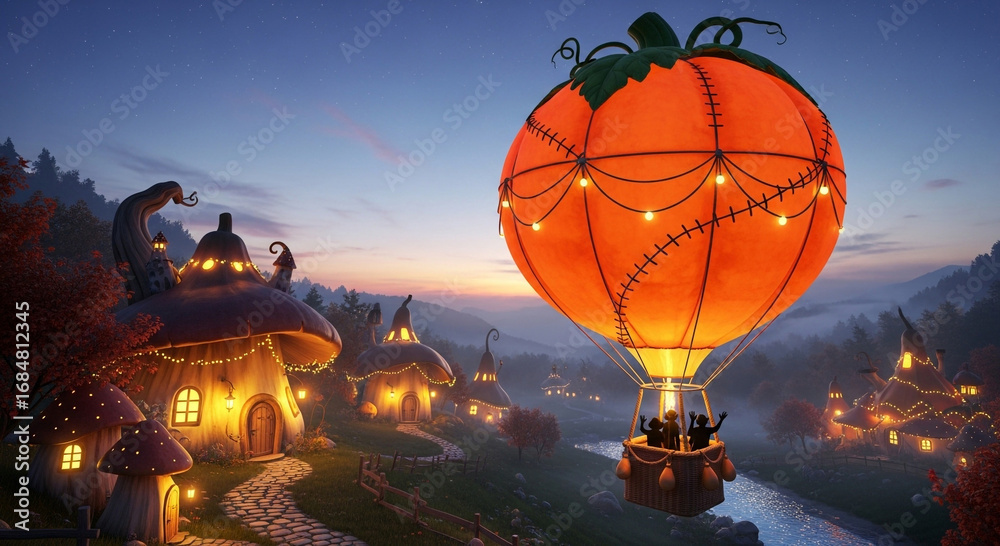 Obraz premium A whimsical halloween scene with a giant pumpkin hot air balloon floating over a charming village at twilight, creating a magical and festive atmosphere
