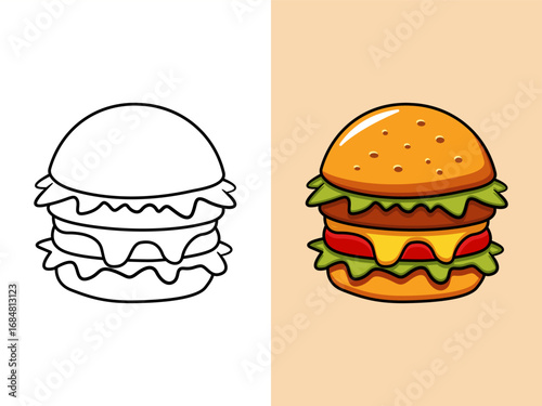 Cartoon Cheeseburger with Lettuce, Tomato, and Cheese. Delicious fast food, tasty hamburger vector illustration.