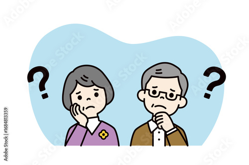 疑問に感じて困った顔をする、年老いた夫婦の上半身ベクターイラスト素材＿カラー