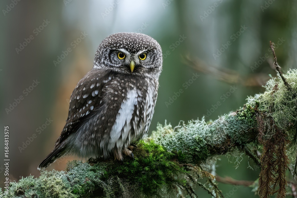 Obraz premium Cute owl perched on a mossy branch in a tranquil forest setting, surrounded by greenery and dappled light during a calm morning