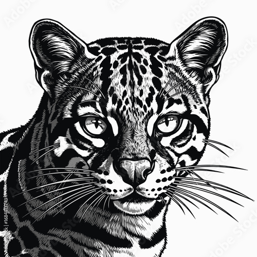 Ocelot portrait showcases intricate details of this captivating creature. Captivating creature features distinct markings and expressive eyes in black and white.