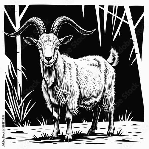 Black and white woodcut style image of a goat with long horns in nature. Goat artwork in woodcut style with details, features a strong contrast between white and black.
