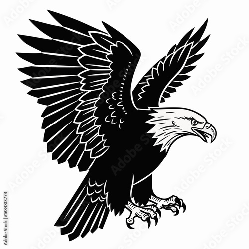 Majestic eagle soars with powerful wings, showing freedom and strength, detailed in monochromatic tones. Eagle is a symbol of courage and sharp vision,