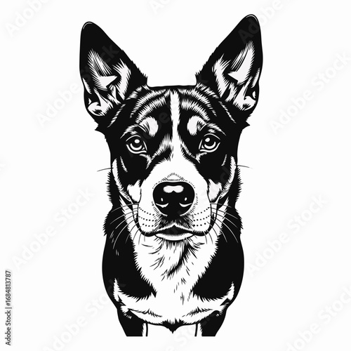 Striking dog illustration featuring confident canine in monochromatic ink drawing. Dog illustration conveys striking simplicity with bold lines and detailed features.