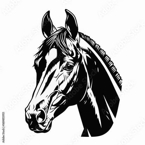 Marwari horse portrait in black and white woodcut style showcases noble steed's elegance. Marwari horse illustration features distinctive curved ears and refined details in monochrome.