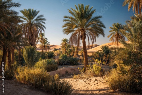 Desert oasis shimmering under sunlight surrounded by lush palm trees and golden sand dunes at midday