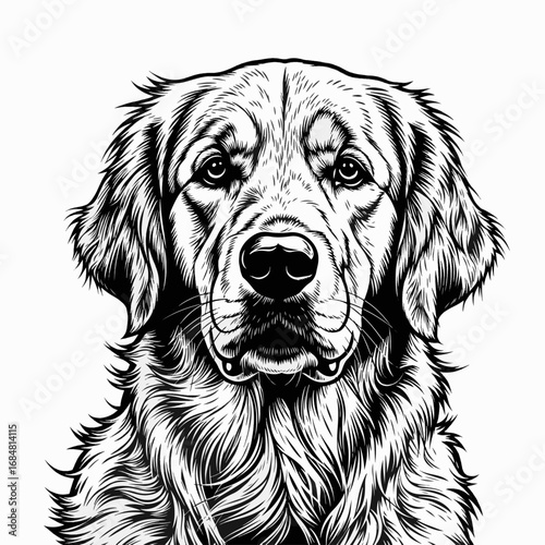 Golden retriever portrait in black and white with woodcut style. This golden retriever portrait shows details of face and fur in monochromatic woodcut art.