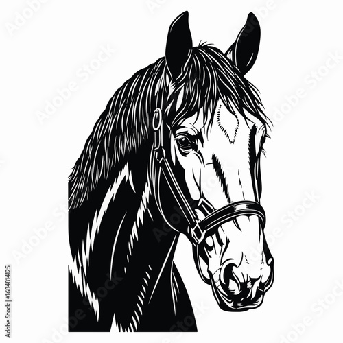 Clydesdale horse black and white portrait in graphic style showcases noble presence. Stunning Clydesdale horse graphic presents detailed lines and shapes,