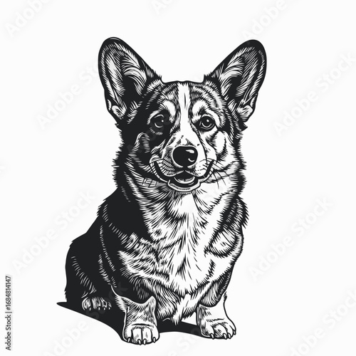 Corgi portrait with detailed illustration, this woodcut print depicts lovable dog breed. This corgi portrait in black and white conveys authenticity and attention to detail,