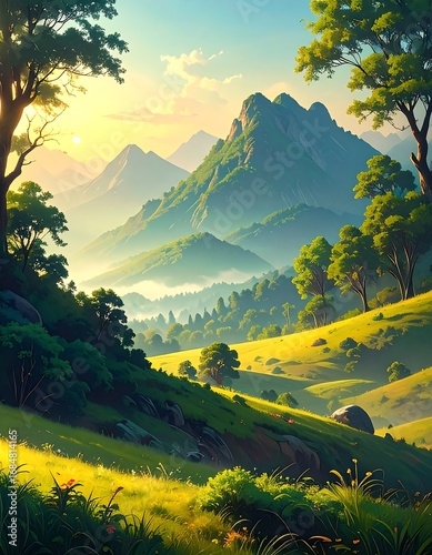Serene Mountain Landscape Painting.