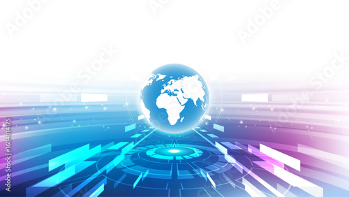 Digital Global Technology Background with Blue Earth and Futuristic Data Network