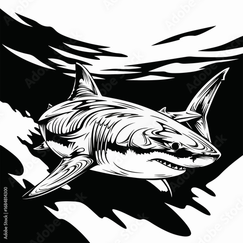 Black and white shark graphic art print showing shark in deep ocean. This black and white shark graphic art print includes predator swimming powerfully in its habitat,